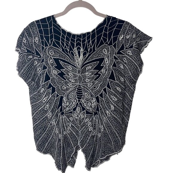 Vintage Womens Top Size Medium Black Embroidered Lace Butterfly V Neck - Picture 9 of 10